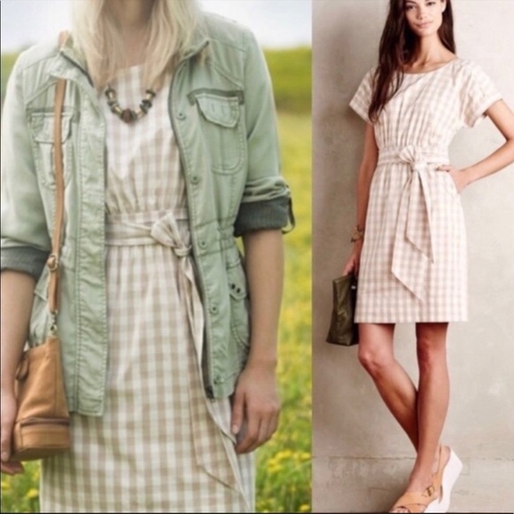 Anthropologie‎ HD in Paris Gingham Print Short Sleeve Belted Dress in Tan Size 4 - Picture 1 of 9